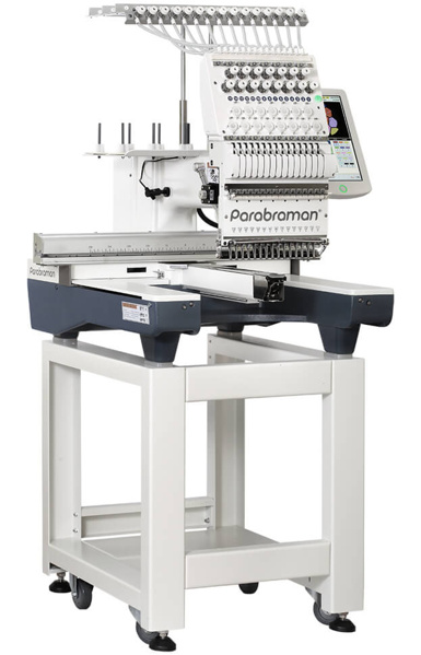 Parabraman PR-1201, одноголовая 12-игольная промышленная вышивальная машина c 10″ сенсорным LCD-дисплеем и полем вышивки 500 х 350 мм, вышивка в пяльцах, бордюрной раме, на бейсболках