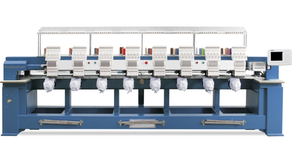 Parabraman CN-1208, восьмиголовая тубулярная промышленная вышивальная машина, вышивка в пяльцах, в бордюрной раме, на кепках, рабочее поле 3 200 х 450 мм, скорость вышивки 850 ст/мин