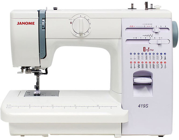 Janome 419S, швейна машина з вертикальним човником і напівавтоматичною петлею, 19 строчок з плавним регулюванням, жорсткий чохол в комплекті