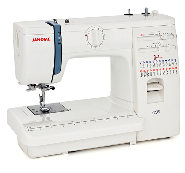 Janome 423S, швейная машина с вертикальным челноком и полуавтоматической петлей, 21 строчки с плавной регулировкой, жесткий чехол в комплекте