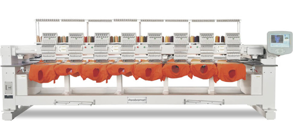 Parabraman PR-1208CH, восьмиголовая высокоскоростная тубулярная промышленная вышивальная машина, вышивка в пяльцах, в бордюрной раме, на кепках, рабочее поле 3 200 х 450 мм
