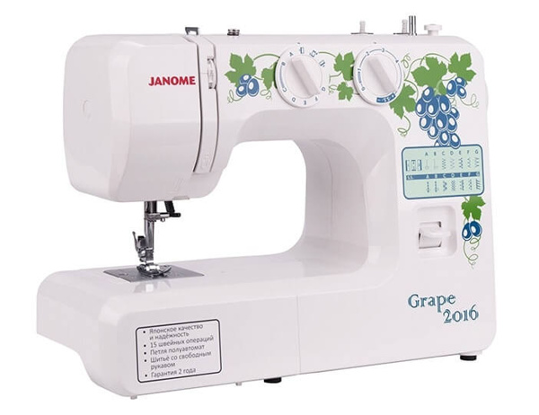 Janome Grape 2016, швейная машина с вертикальным челноком и полуавтоматической петлей, 15 строчек с плавной регулировкой длины стежка